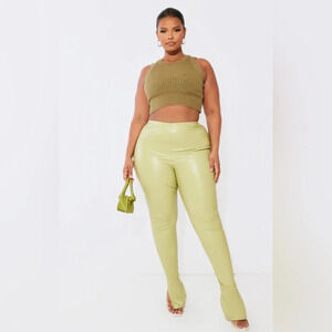 NWT PrettyLittleThing Olive Green Split Hem Faux Leather Pants